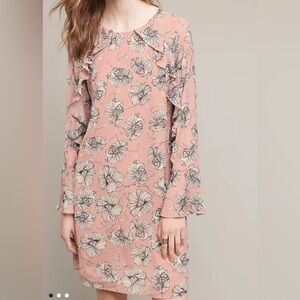 HD in Paris Anthropologie Floral Ruffle Bell Sleeves Pink Crepe Shift Dress